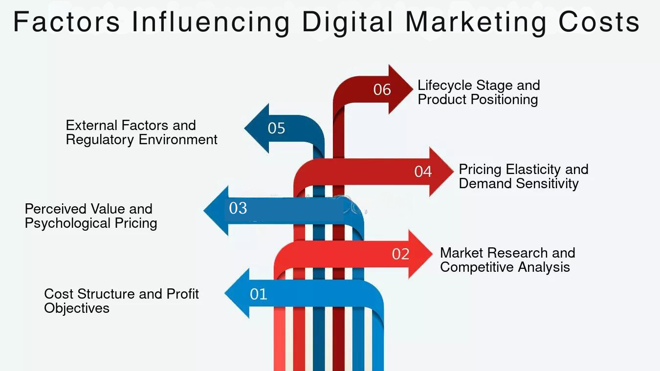 Infographic illustrating key factors that affect the costs of digital marketing strategies and campaigns.