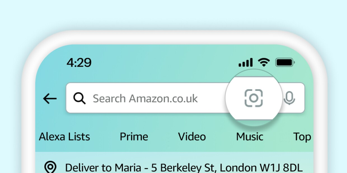 Mobile view of Amazon's search bar, showcasing visual search tools for enhanced shopping experiences.