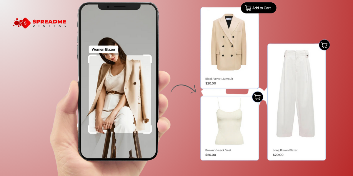 A person displays a smartphone showing an app with various clothing items, highlighting modern shopping technology.