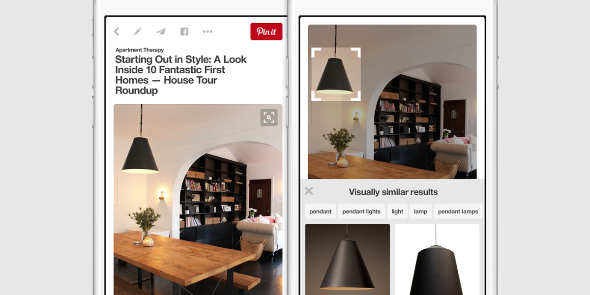 Two screens displaying distinct furniture images, illustrating Pinterest's visual search for home decor inspiration.