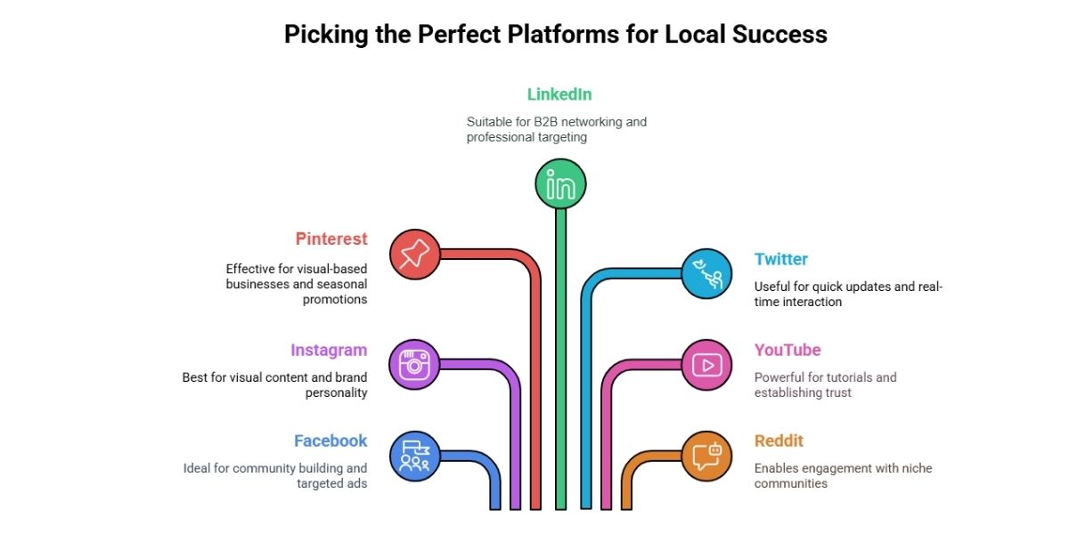 A graphic illustrating various social media platforms, highlighting their benefits for local business success.