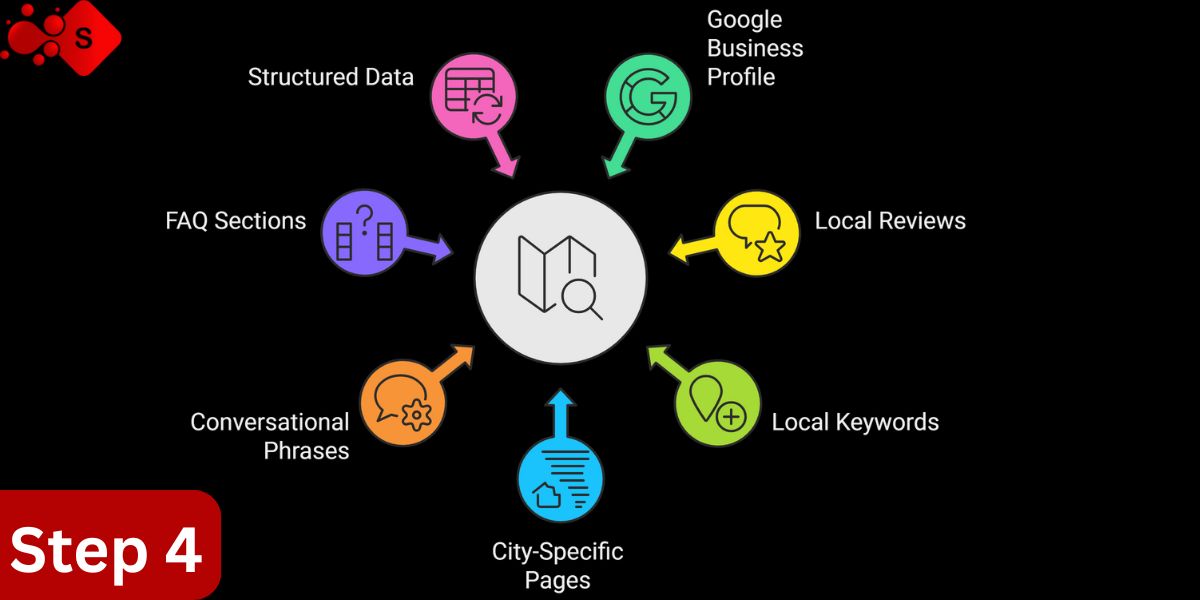 Diagram illustrating steps to create a website, focusing on optimizing for local and voice search strategies.