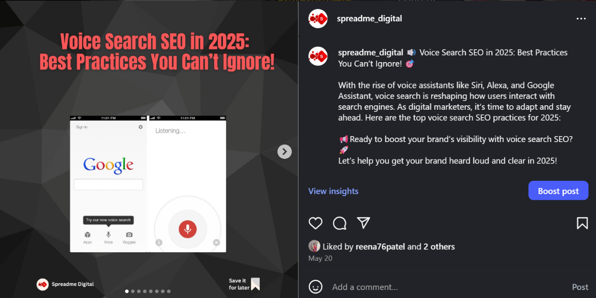 Best practices for Google voice search, emphasizing the effectiveness of carousels for storytelling and product showcasing.