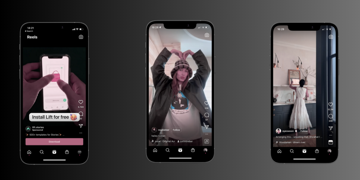 Three iPhones displaying various images of people, highlighting the appeal of short-form video content like Instagram Reels.