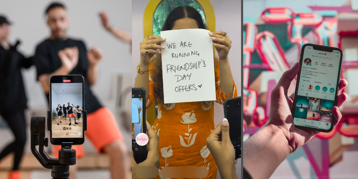 A collage of diverse people joyfully holding up their phones, showcasing authentic moments and real-life connections.